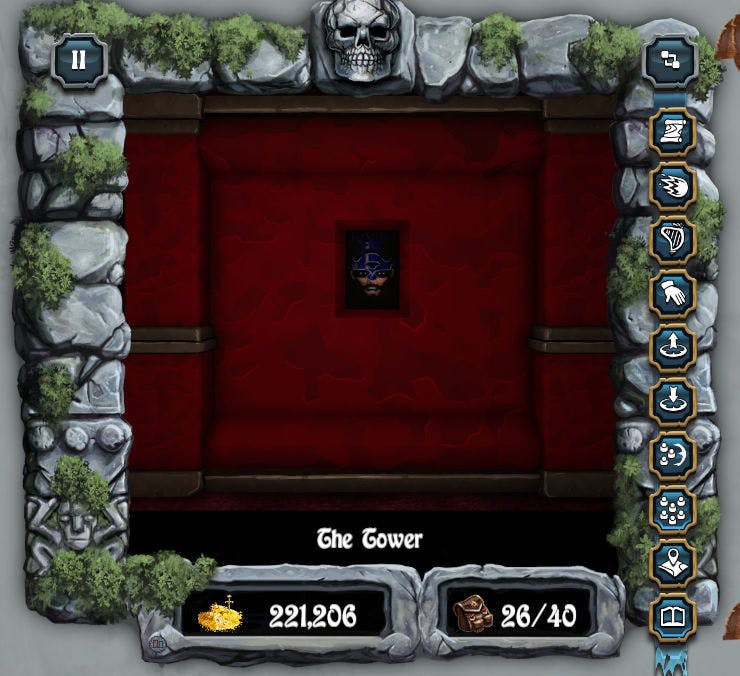 Screenshot of the game, showing the red walls of a room in Mangar's Tower, with Mangar's image looking out from a small video rectangle in the center of the wall