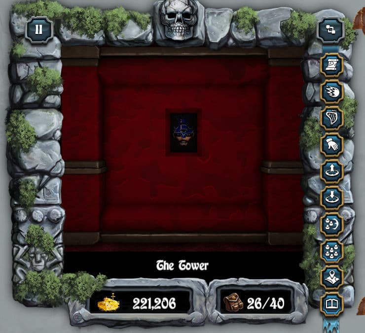 Screenshot of the game, showing the red walls of a room in Mangar's Tower, with Mangar's image looking out from a small video rectangle in the center of the wall