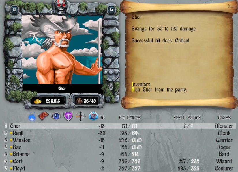 Screenshot of the character detail screen, showing Thor as a white-haired giant and the text '30-120 damage, critical hit'