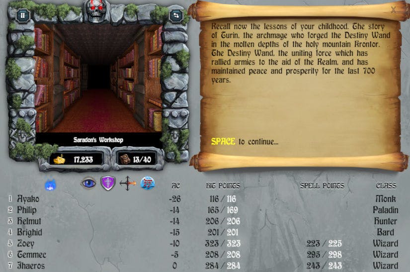 Screenshot of the Bard's Tale 2 game engine, showing the corridors of Saradon's Workshop, with the text 'Recall now the lessons of your childhood. The story of Turin, the archmage who forged the Destiny Wand in the molten depths of the holy mountain Krontor. The Destiny Wand, the uniting force which has rallied armies to the aid of the Realm, and has maintained peace and prosperity for the last 700 years.'